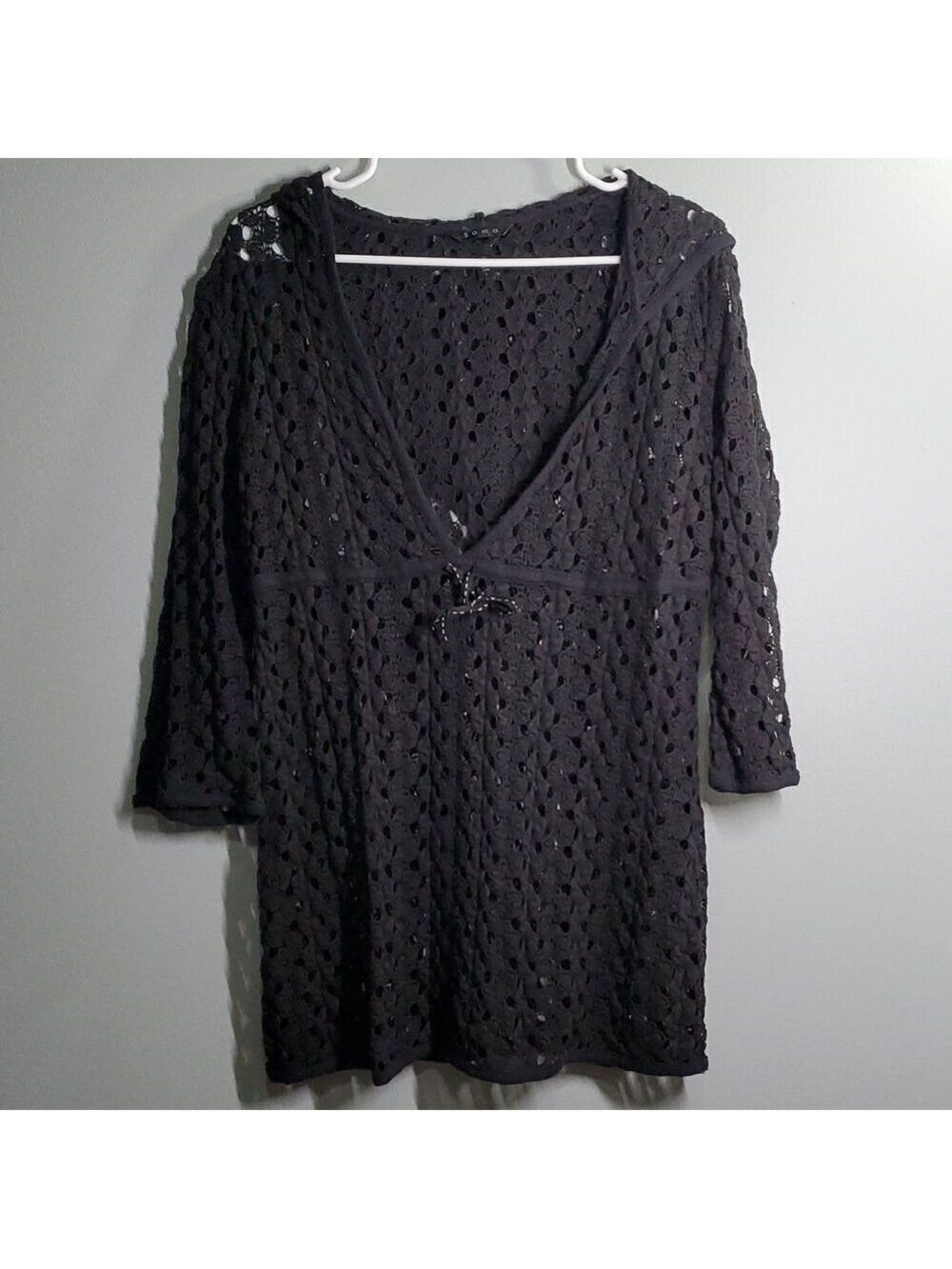 Soma Top Women's Large black lace cover up shirt 3/4 sleeve cinch waist Summer